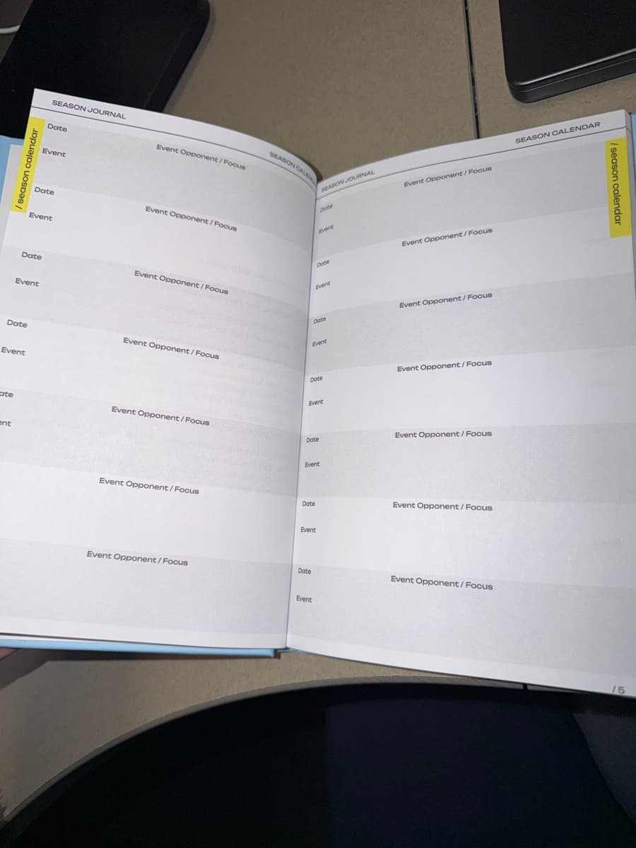 The Season Calendar pages, with rows for date, event, opponent, and focus