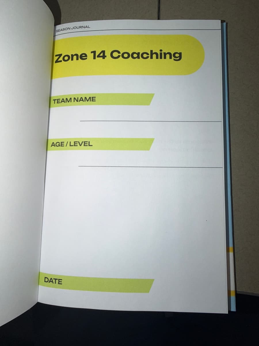 The first page of the Zone 14 Coaching planner, with lines for team name, age and level, and date