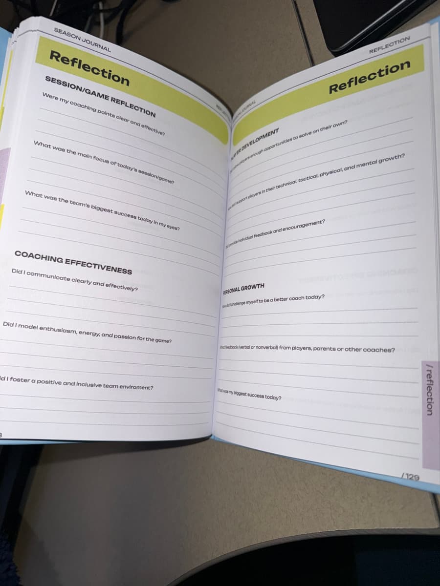 Coaching Reflection pages with questions on coaching effectiveness, player development, and personal growth