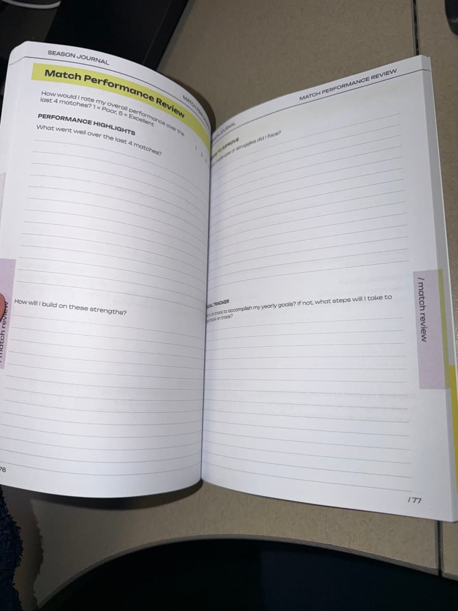 The Match Performance Review pages: highlights, areas to improve, and a goal tracker