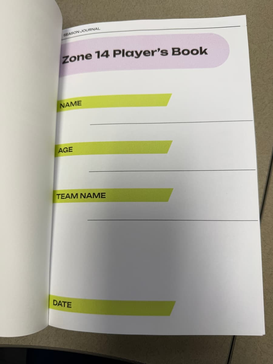 The first page of the Zone 14 Player's Book, with lines for name, age, team name, and date