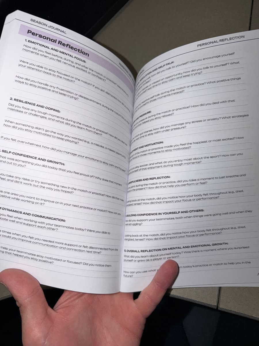 Personal Reflection pages with questions on focus, resilience, confidence, and teamwork